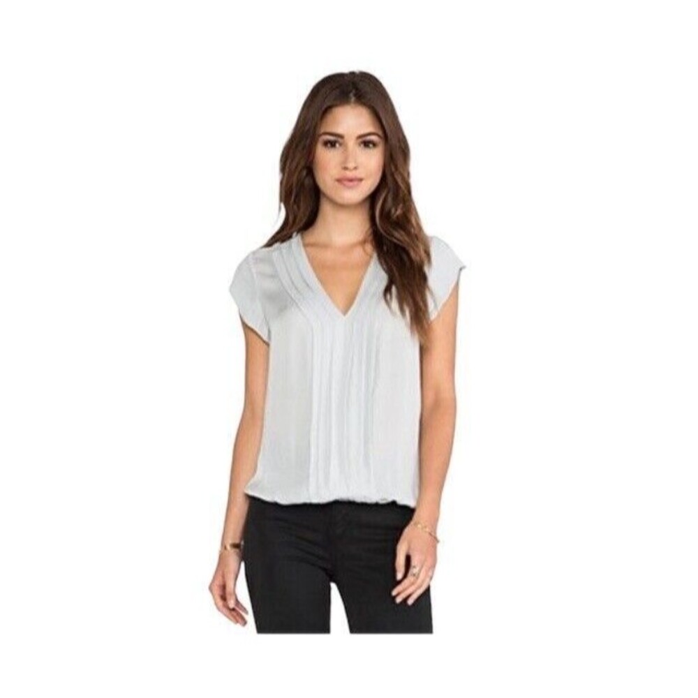 Joie Marcher Blouse 100% Silk Sheer Blouse Silverfox Size Small Pleated Neckline